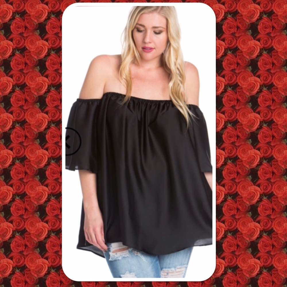 🔥SALE🔥PlusSizeBlackOffThe ShoulderSatinBlackTop